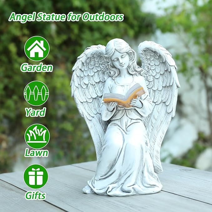 Angel Statue Outdoor Decor, Elegant Angel Garden Statues Reading Book with Solar LED Lights Yard Decorations Lawn Ornaments Figurines Resin Sculpture for Outside, Angel Gardening Gifts-Ruum Studio Home