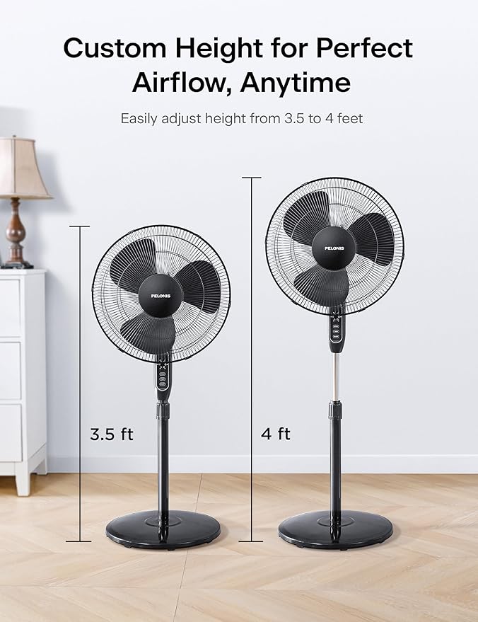 PELONIS 16'' Pedestal Fan for Bedoom, Remote, Standing Fan with 7-Hour Timer, 90° Oscillation, 3-Speeds, Adjustable Height, Electric Cooling Fans for Living Room and Office-Ruum Studio Home