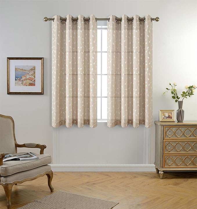 MIUCO Floral Embroidery Semi Sheer Curtains Faux Linen Grommet Window Curtains for Bedroom 52 x 63 Inch 2 Panels, Linen-Ruum Studio Home