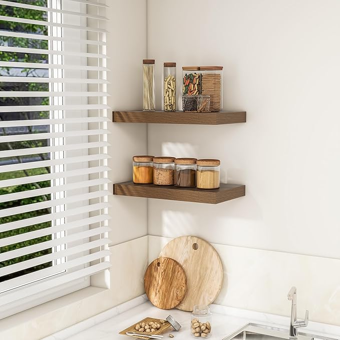RICHFOCUS 16Inch Floating Shelves for Wall 2 Pack Shelves for Bedroom|Kitchen|Bathroom Wall Mounted Rustic Wood Floating Shelf with Invisible Brackets for Books|Storage|Decor, Walnut-Ruum Studio Home