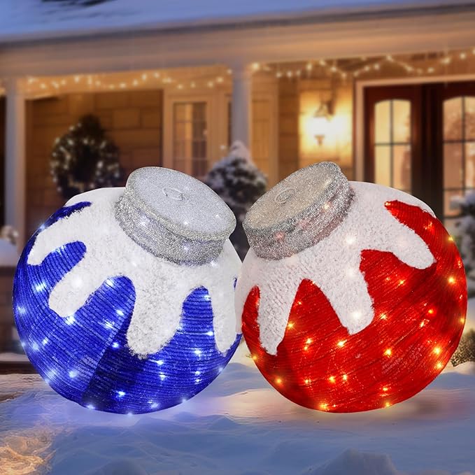 BRIGHTDECK 2 Pcs Outdoor Christmas Ornaments, Lighted Pop-Up Outdoor Holiday Ball Decoration with 80 LED Lights, 8 Light Modes, Lighted Collapsible Holiday Decorations for Yard, Home (RedBlue)-Ruum Studio Home