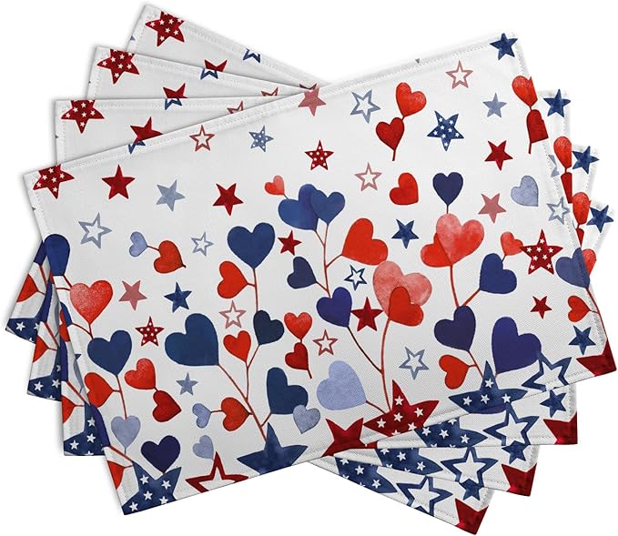 Red Blue Heart Stars 4th of July Placemats Set of 4 Patriotic America Independence Memorial Day Linen Table Mats 12x18 Inch Washable Place Mats for Party Kitchen Dining Outdoor Indoor Decor-Ruum Studio Home