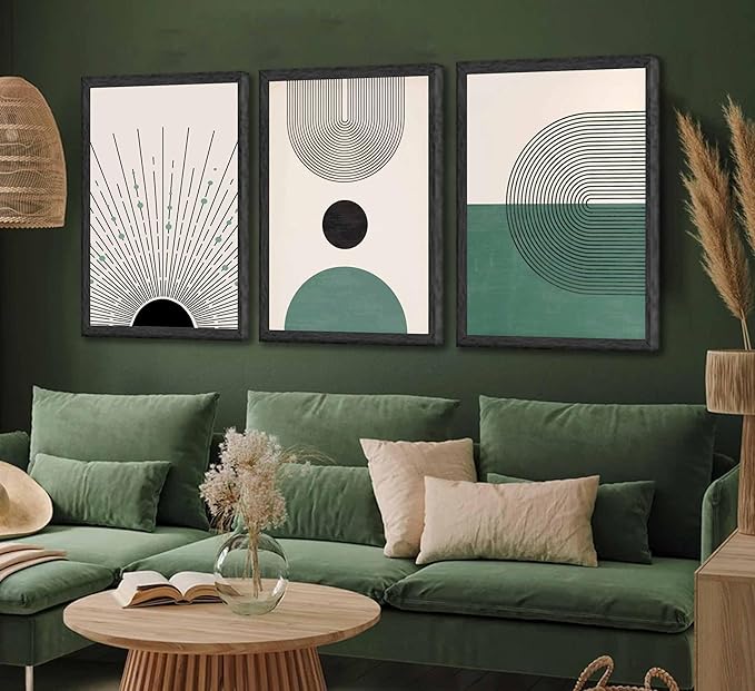 3 Pcs Sage Green Boho Canvas Wall Art Modern Abstract Minimalist Neutral Bohemian Sun Geometric Line Painting Picture Wall Decor Poster Print Artwork for Living Room Bedroom Home Decoration Unframed-Ruum Studio Home