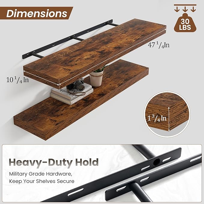 Heimlove 48" Floating Shelves for Wall,10 Deep Rustic Brown Wood Display & Storage Wall Shelves with Heavy Duty Brackets for Bathroom,Bedroom,Kitchen,Living Room,Office-Ruum Studio Home