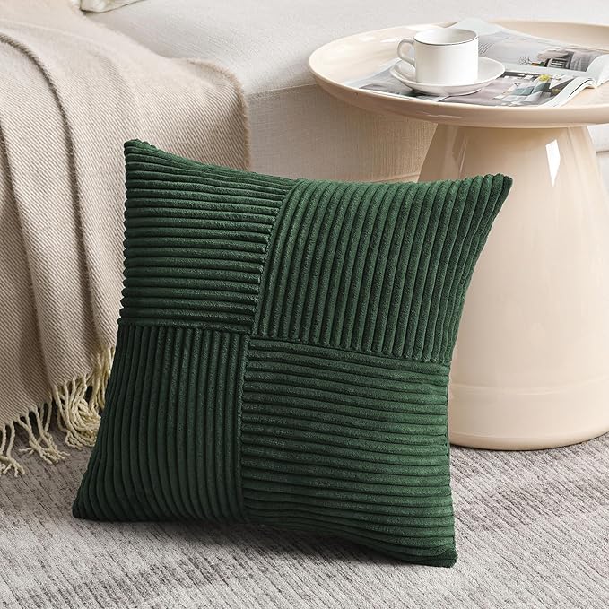 Fancy Homi Set of 2 Dark Green Samll Decorative Throw Pillow Covers 14x14 Inch for Living Room Couch Bed, Boho Farmhouse Forest Green Home Decor, Soft Corss Corduroy Patchwork Textured Cushion Case-Ruum Studio Home