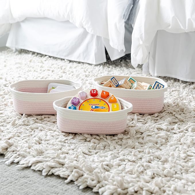 NaturalCozy 5-Piece Rectangle Storage Basket Set- Natural Cotton Rope Woven Baskets for Organizing! Small Basket for Montessori, Baby Nursery, Dog Toy Baskets, Cat Toy Box, Bathroom Organization Bin-Ruum Studio Home
