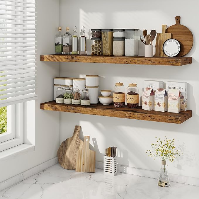 Fun Memories 40" Rustic Wood Floating Shelves with Invisible Brackets for Storage & Decor, Deep Wall Mounted Shelves for Bathroom, Kitchen, Living Room (Brown,Set of 2)-Ruum Studio Home