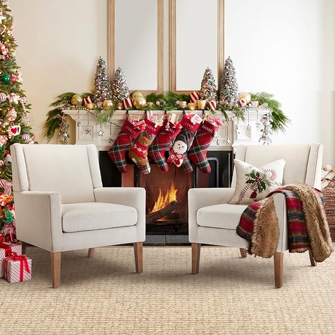 COLAMY Modern Wingback Living Room Chair Set of 2, Upholstered Fabric Accent Armchair, Single Sofa Chair with Lounge Seat and Wood Legs for Bedroom/Office/Reading Spaces, Beige-Ruum Studio Home