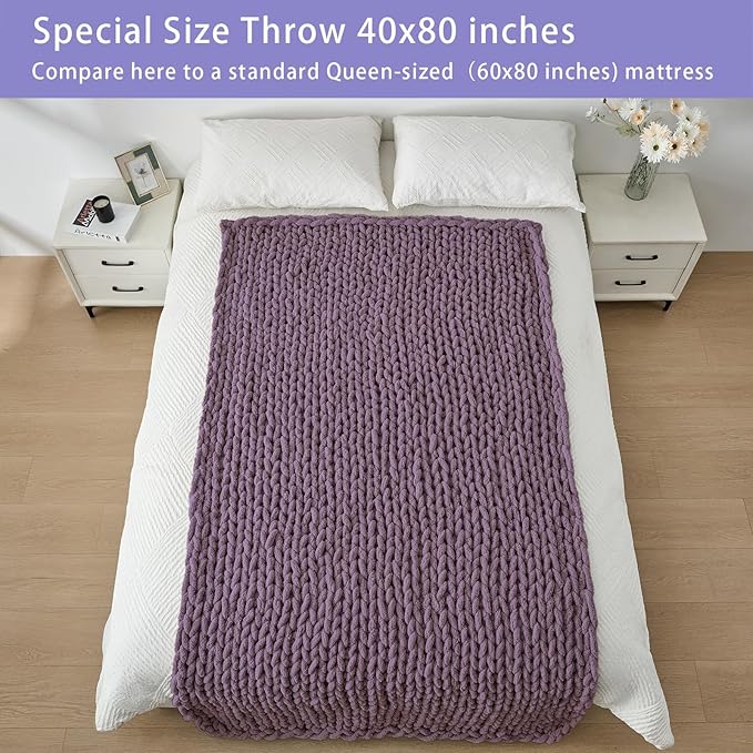 Bigacogo Chunky Knit Throw Blanket for Couch, 40x80 inches, 100% Hand Knitted with Thick Jumbo Chenille Yarn, Cozy Soft Large Rope Knot Cable Crochet Blankets for Sofa Bed Living Room, Winter Grape-Ruum Studio Home
