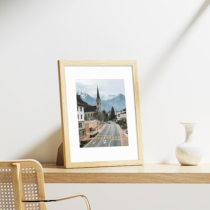 Vittanly 11x14 Picture Frames Set of 9, Shatter Resistant Plexiglass, Display 8x10 Pictures with Mat or 11x14 without Mat, Photo Frames for Wall or Tabletop, Engineered Wood, OAK-Ruum Studio Home