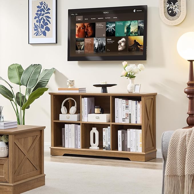Farmhouse 6 Cube Bookshelf, Storage Organizer Bookcase, Kids Toy Storage Cabinet, Long Bookshelves Storage Organizer Shelf, Wood Display Cabinet Book Shelves for Bedroom,Living Room,Natural Oak-Ruum Studio Home
