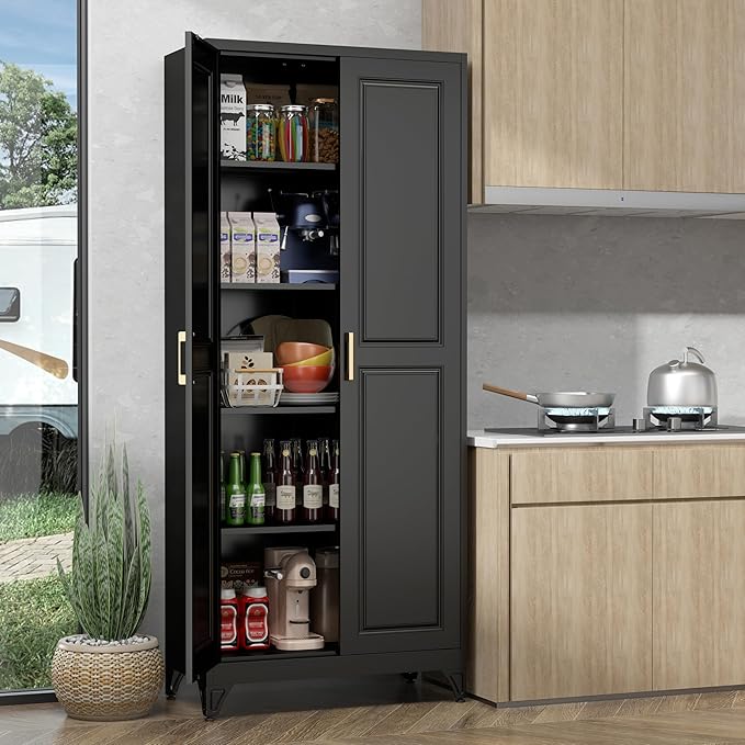75" Storage Cabinet, Metal Pantry Cabinet, Kitchen Pantry Storage Cabinets with Doors and 4 Shelves, Cabinets for Laundry Room, Living Room, Dinning Room, Assembly Required, Black-Ruum Studio Home