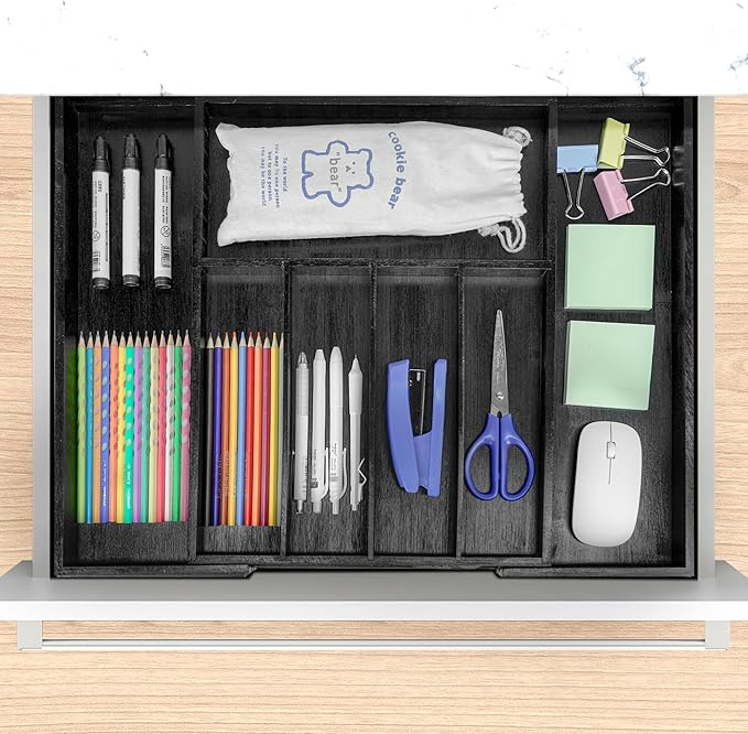 VaeFae Premium Bamboo Drawer Organizer, Expandable Silverware Drawer Organizer, Cutlery Tray with Dividers for Kitchen Utensils (Black, Large)-Ruum Studio Home