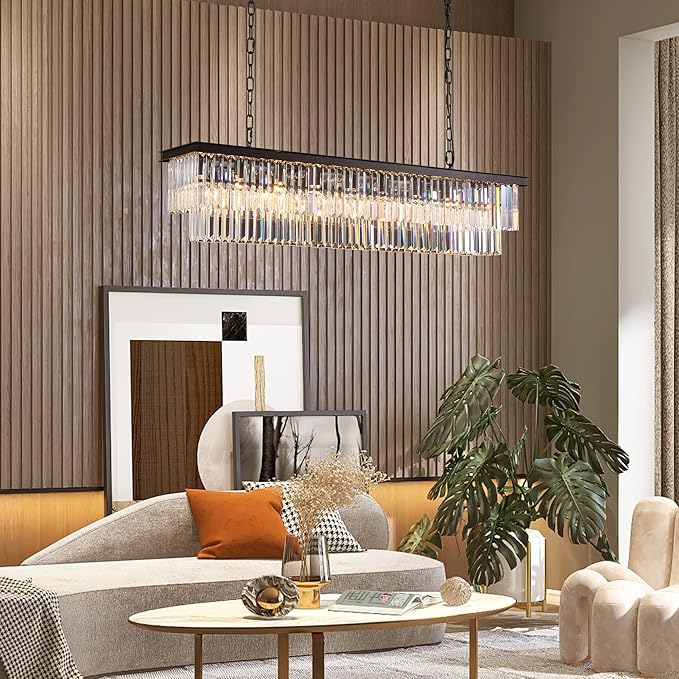 Rectangle Crystal Chandelier Black Modern Linear Chandelier Contemporary Pendant Light Fixture 8-Light Hanging Ceiling Light for Dining Room Living Room Kitchen Bedroom Foyer 47''-Ruum Studio Home
