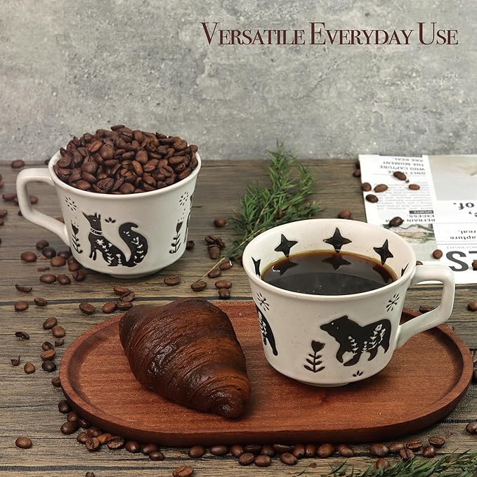 Ceramic Coffee Mug, 12 oz Novelty Unique Teacup with Large Handle, Stoneware Cup for Tea Mocha Latte Cappuccino Espresso (Set of 2, Fox and Bear)-Ruum Studio Home