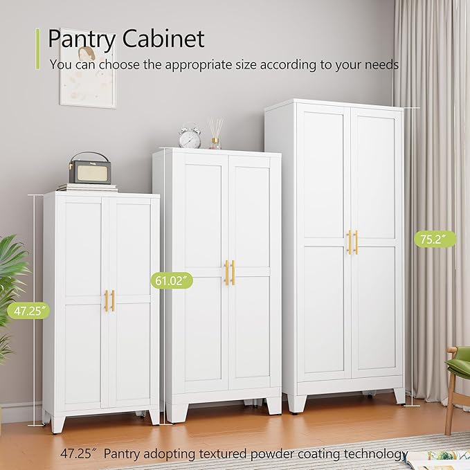 Metal Pantry Cabinet, Kitchen Pantry Storage Cabinets with 2 Door and 3 Adjustable Shelves, White Kitchen Pantry Cabinet, Freestanding Cupboard for Dining Room Living Room Bathroom-Ruum Studio Home