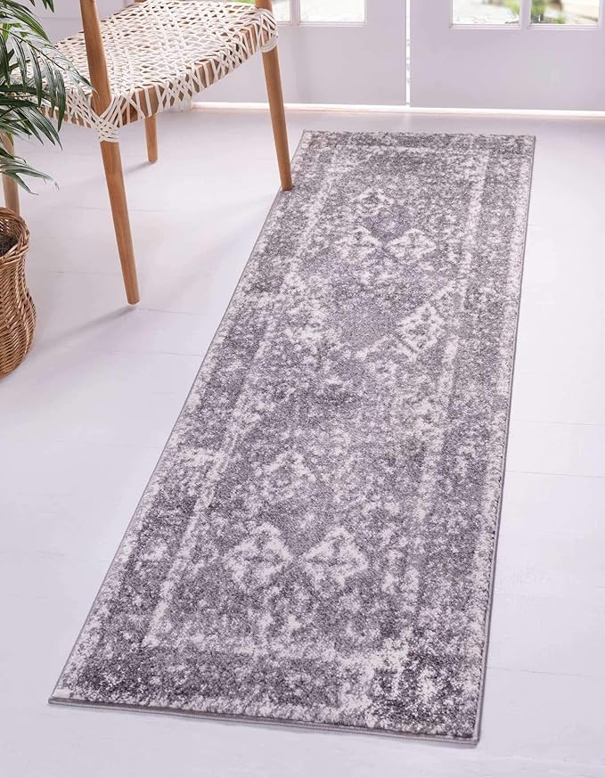 Unique Loom Rosso Collection Vintage, Traditional, Bohemian, Geometric, Distressed, Southwestern Area Rug (2' 7 x 10' 0 Runner, Gray/Ivory)-Ruum Studio Home