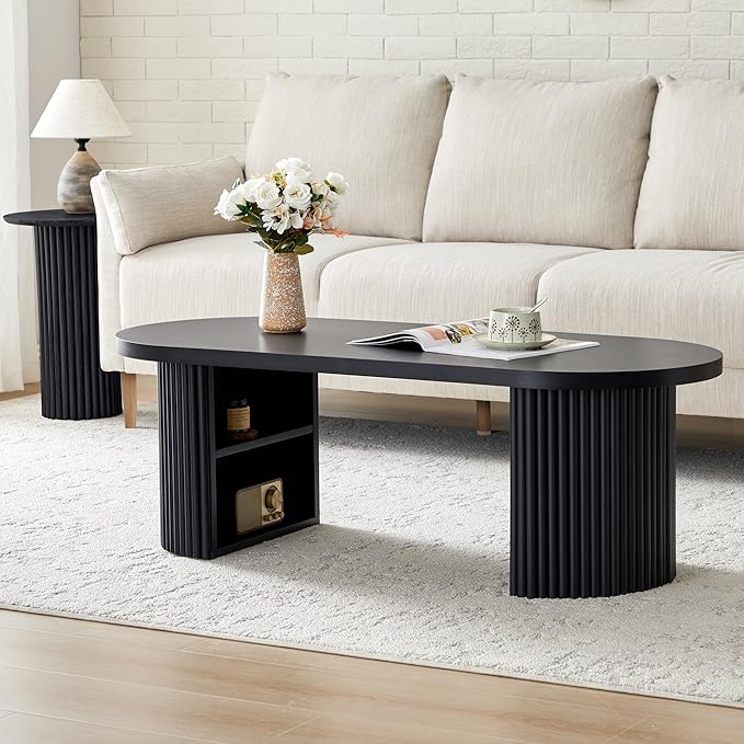 Oval Fluted Coffee Table, 47" Farmhouse Wood Coffee Table Mid Century Modern Center Table Boho Living Room Tables for Living Room Office,Black-Ruum Studio Home