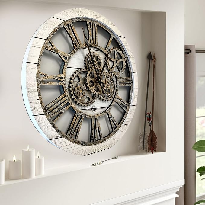 The Gears Clock The Original Real Moving Gear Wall Clock Vintage Industrial Oversized Rustic Farmhouse (24 inch (60cm),White Farmhouse)-Ruum Studio Home