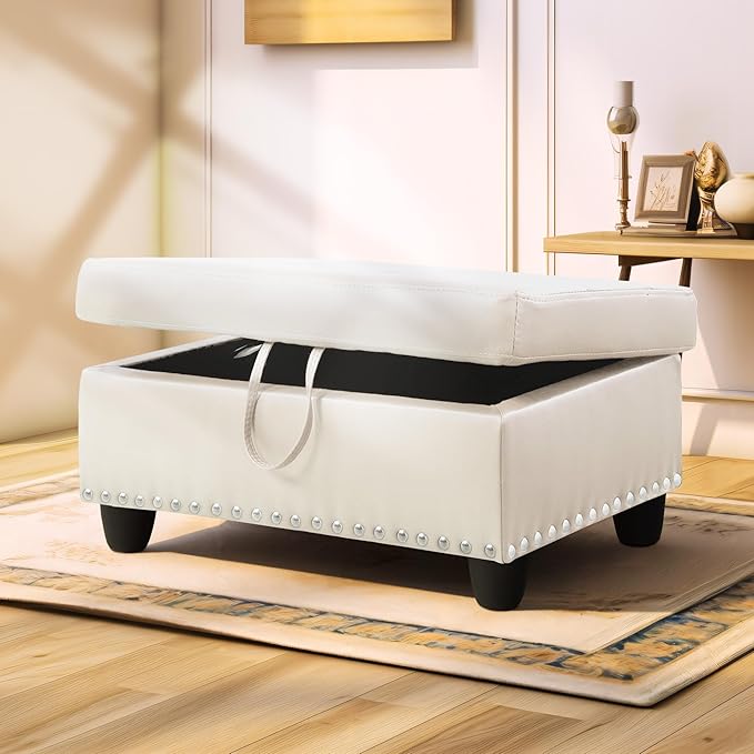 Ottoman Rectangular Storage Ottoman Bench, Faux Leather Footrest, Coffee Table, Stool Footstool with Hinged Lid for Living Room, Bedroom, Entryway, White, 28.5"x19"x17.5"-Ruum Studio Home