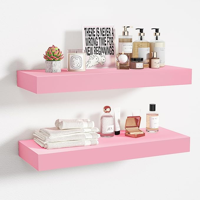 BAMEOS Pink Floating Shelves for Wall, 16" x 6" Wall Shelves for Room, Floating Book Shelves, Hanging Shelves for Bedroom, Bedroom, Living Room, Kitchen (Set of 2)-Ruum Studio Home