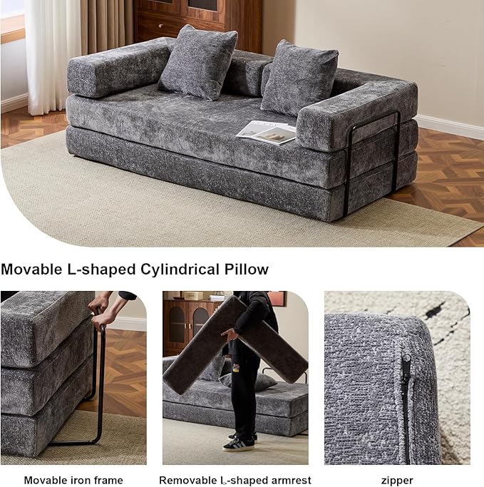 Convertible Sleeper Sofa Bed, Compression Folding Sofa with Pillow, No Assembly Required, Shape Frame, Floor Sofas Lounge Couch for Living Room, Bedroom, Small Spaces(Chenille, 77''W, Dark Grey)-Ruum Studio Home