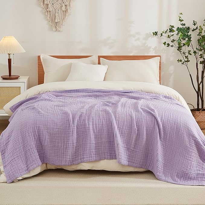 EMME Cotton Blanket Queen Size for Bed Soft Large Muslin Bed Blankets 80"x90" Lightweight Breathable All Season Gauze, Lavender-Ruum Studio Home