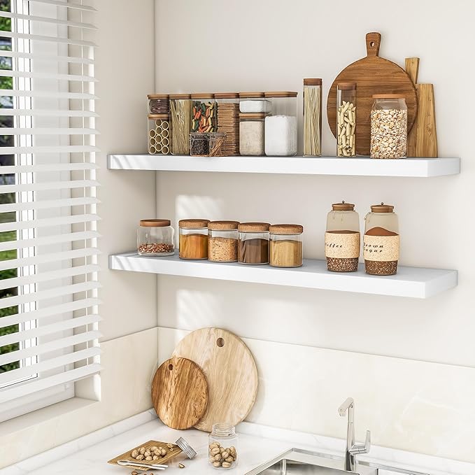 RICHFOCUS 48Inch Floating Shelves for Wall 2 Pack Shelves for Bedroom|Kitchen|Bathroom Wall Mounted Rustic Wood Floating Shelf with Invisible Brackets for Books|Storage|Decor, White-Ruum Studio Home