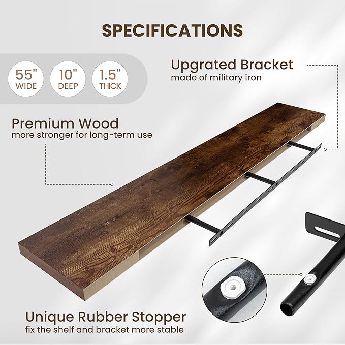Fun Memories 55 Inch Fireplace Mentel Shelf, 10 Inch Deep Shelves for Display&Wall Storage, Rustic Wood Wall Shelf -Extra Long Floating Shelves for Living Room Laundry Room, Rustic Brown, Set of 1-Ruum Studio Home