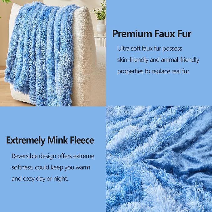 GONAAP Fuzzy Faux Fur Throw Blanket Twin Size Indigo Super Soft Cozy Plush Fuzzy Shaggy Blanket for Couch Sofa Bed (Indigo, Twin(60"x80"))-Ruum Studio Home