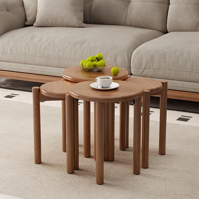 Stackable Stools Set of 4, Wooden Stools 18 Inch Stool Nesting Side Tables Nesting Coffee Table Sturdy and Durable, No Installation Required,Top Stackable Round Stool for Saving space(Walnut Barstool)-Ruum Studio Home