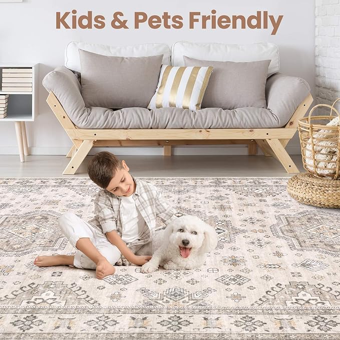 Washable Area Rugs for Living Room -9x12 Neutral Vintage Distressed Floral Farmhouse Boho Large Soft Floor Rug Indoor Non Slip Carpet for Living Room Bedroom Dining Room Office -Beige Brown-Ruum Studio Home