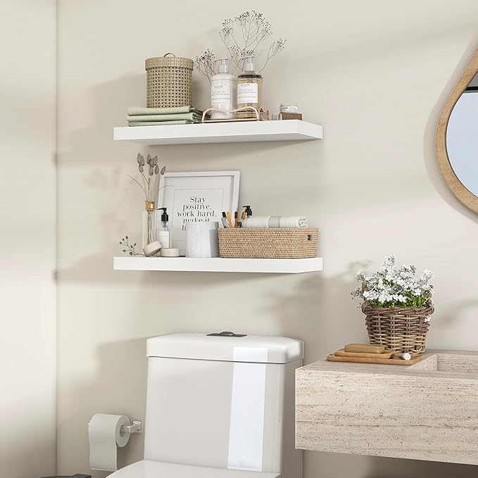 Heimlove 24 inch Floating Shelves for Wall,9.3 inch deep White Wood Shelves with Invisible Brackets,Wall Mounted Storage & Display Shelves for Bedroom,Living Room,Set of 2-Ruum Studio Home