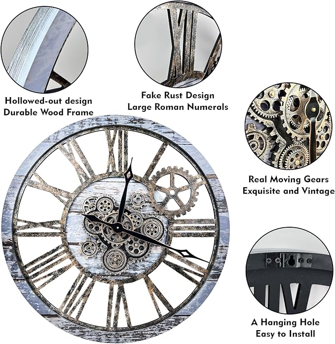 The B-Style Large Wall Clock 24 inch Moving Gear Wall Clock Oversized Vintage Farmhouse Wall Clocks for Living Room Decor Rustic Industrial Wood Clock (Aqua Green, 36 inch/90cm)-Ruum Studio Home