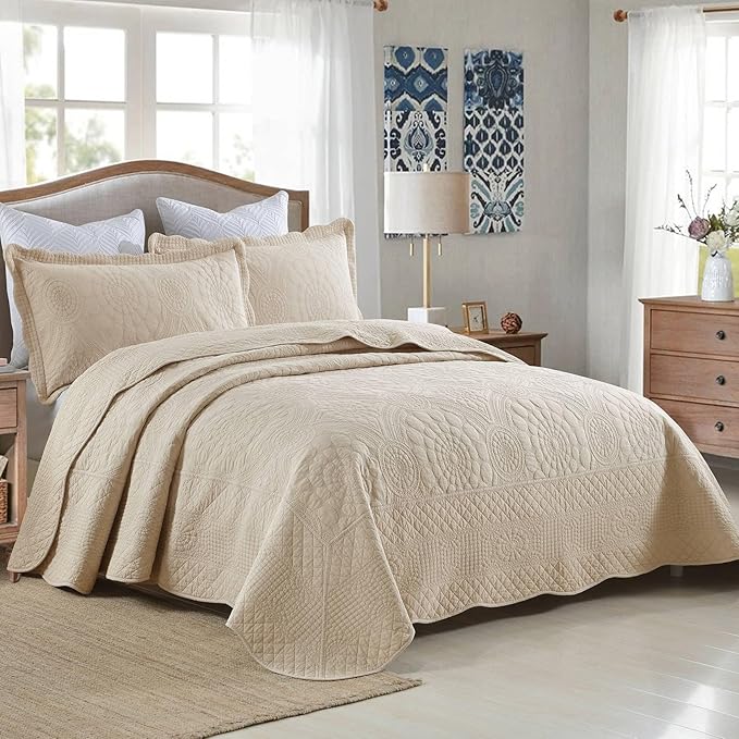 MarCielo 3-Piece 100% Cotton Oversized Bedspread Lightweight Quilt Coverlet Embroidery Farmhouse Bedding (Tf Khaki Beige, Oversized Queen (100"x106"))-Ruum Studio Home