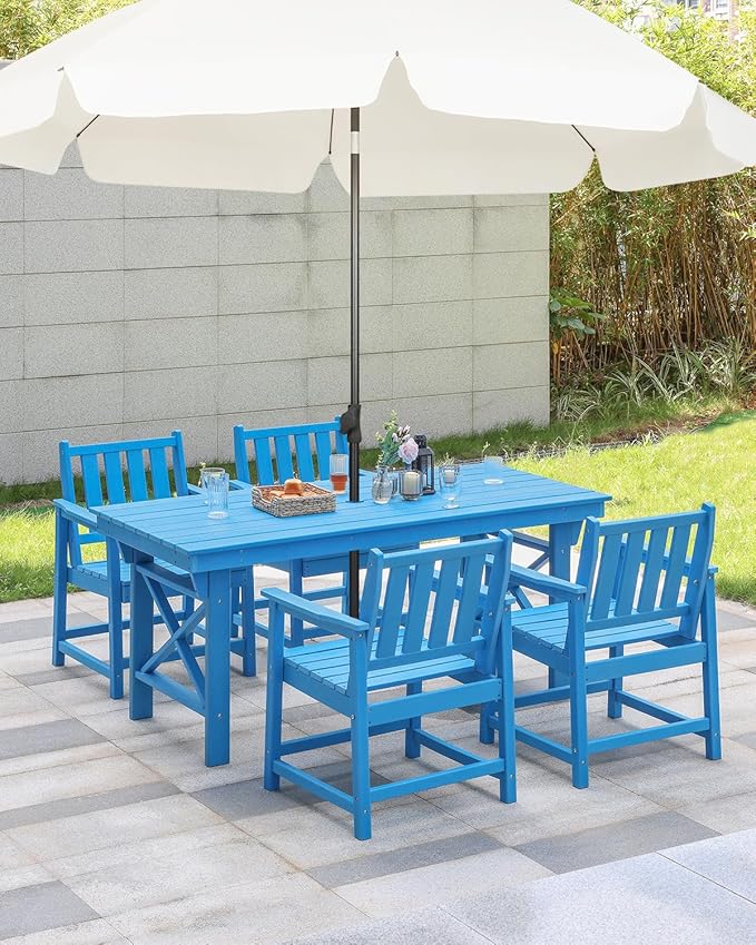 HDPE Patio Dining Set, 5-Piece Outdoor Table and Chairs with Umbrella Hole, Modern Outdoor Dining Set for 4, HDPE Outdoor Patio Furniture Dining Sets for Deck, Poolside, Porch, Sky Blue-Ruum Studio Home