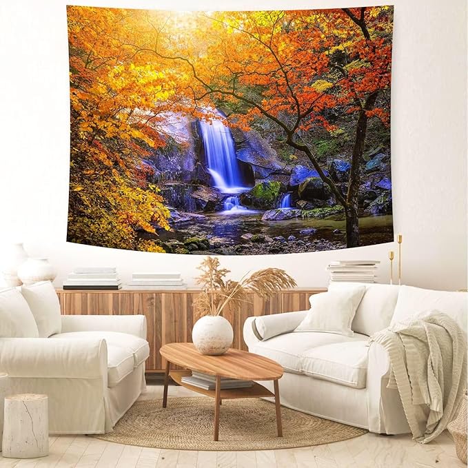 Delur Waterfall Tapestry Forest Nature Scenic Tree Mountain Sunset Tapestry Wall Hanging Natural Landscape Sunrise Headboard for Bedroom Living Room Home Decor (70.8" x 92.5")-Ruum Studio Home