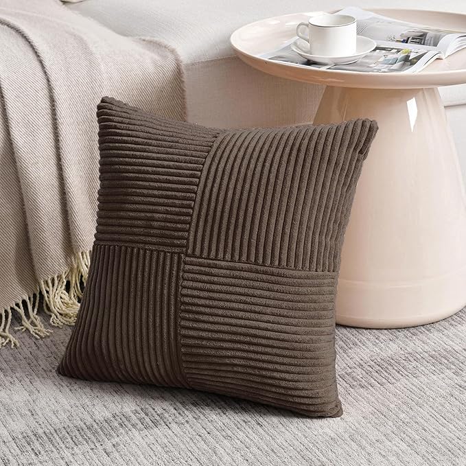 Fancy Homi 2 Packs Dark Brown Decorative Throw Pillow Covers 16x16 Inch for Living Room Couch Bed Sofa, Rustic Farmhouse Boho Home Decor, Soft Corss Patchwork Corduroy Textured Cushion Case 40x40 cm-Ruum Studio Home