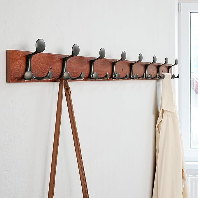 SKOLOO 43-Inch Cherry Wood Coat Rack Wall Mount with 8 Triple Hooks - Ideal for Family Entrances, Classrooms, and Pet Supplies Storage - Perfect Coat Hooks for Wall-Ruum Studio Home