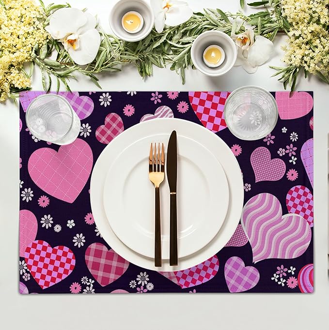 Pink Love Hearts Valentine's Day Placemats Set of 4 Seasonal Valentines Anniversary Wedding Linen Table Mats Pink Black Washable Place Mats for Party Kitchen Dining Outdoor Indoor Decor 12x18 Inch-Ruum Studio Home