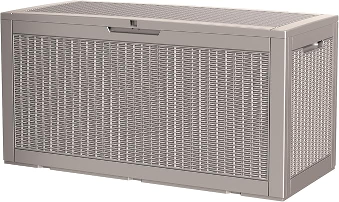 100 Gallon Storage Box, Waterproof Resin Deck Box with Hydraulic Piston Design, Lockable Storage Bench for Package Delivery, Storage Bin for Patio Cushions, Garden Tools, Grey-Ruum Studio Home