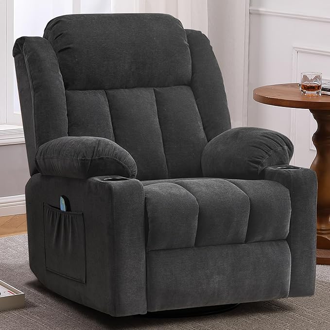 Rocker Swivel Recliner Chair for Adults, Overstuffed Large Manual Recliner Glider with Massage and Heat, Comfy Soft Fabric Living Room Reclining Sofa Chair (Black Fabric)-Ruum Studio Home