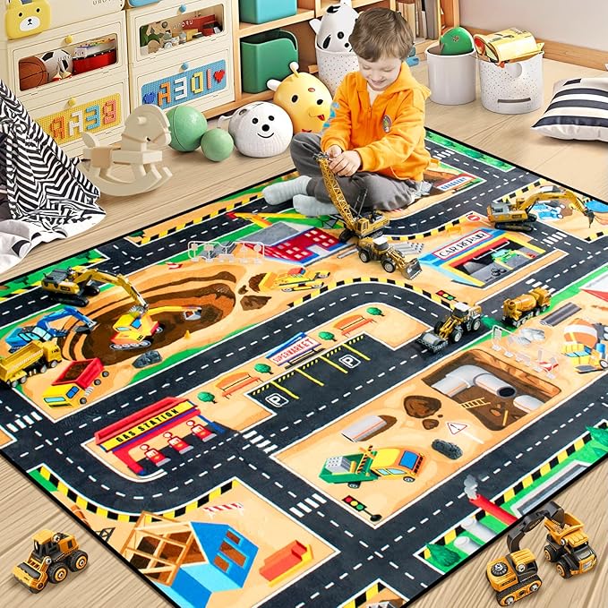 Kids 4x6 Ft Construction Site Play Rug, Baby Play Mat, Tufted Wool & Rubber, Non-Slip, Stain & Fade Resistant, Machine Washable, Rustic Cartoon Construction Site Pattern-Ruum Studio Home