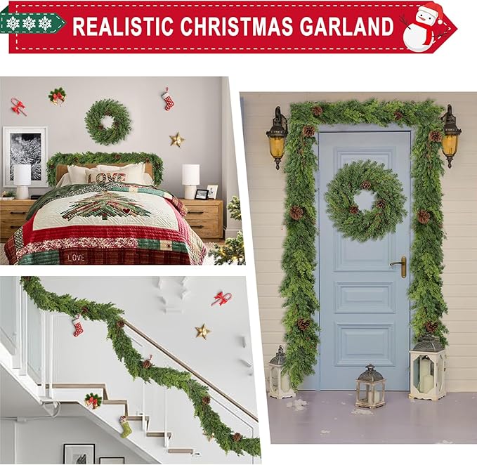 6 Ft Real Touch Christmas Garland Indoor with Pine Cone,Thick and Lush，Soft Bendable Mantle Garland Christmas, Lifelike Cedar Garland, Christmas Garland for Mantle,Indoor Christmas Decorations-Ruum Studio Home