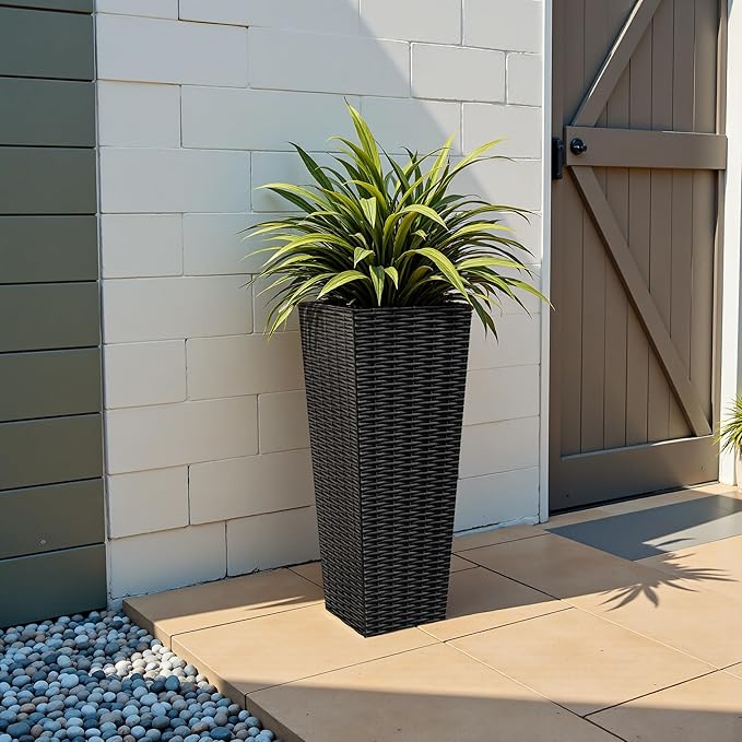 JUMMICO Set of 2 Resin Rattan Tall Planters for Outdoor Plants, Large Tapered Planters with Drainage Holes&Inner Trays, Flower Pots for Garden, Patio, Porch, Backyard (Black, 24'')-Ruum Studio Home
