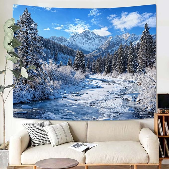 AMM Winter Forest Snow Mountain Tapestry Snowy Pine Tree Woodland Tapestry for Bedroom Aesthetic White Clouds Flowing River Landscape Tapestries Wall Hanging for Living Room Dorm Office 90 x 68 Inch-Ruum Studio Home