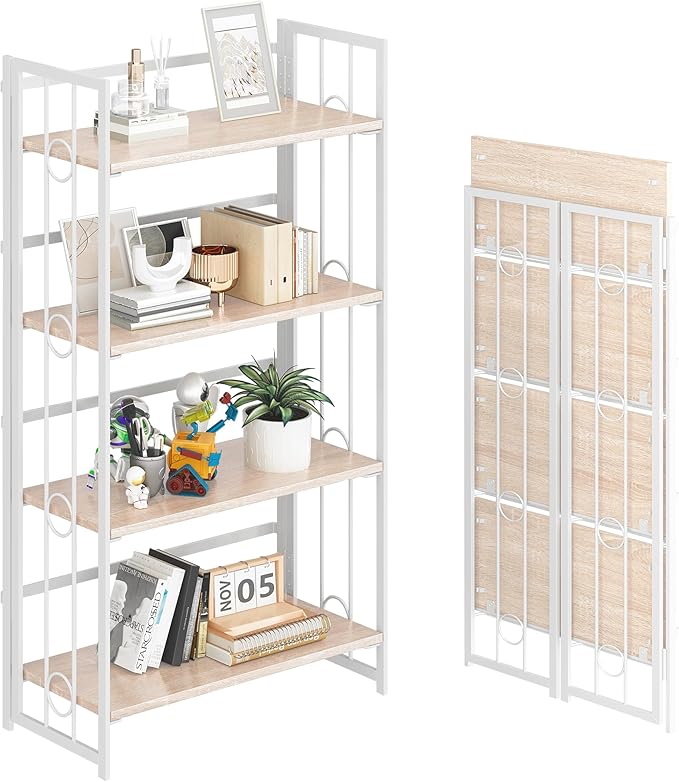 4NM No Assembly 4 Tiers Folding Bookshelf, 47.2" H Foldable Storage Shelves Vintage Bookcase Standing Racks Study Organizer Home Office - Natural White-Ruum Studio Home