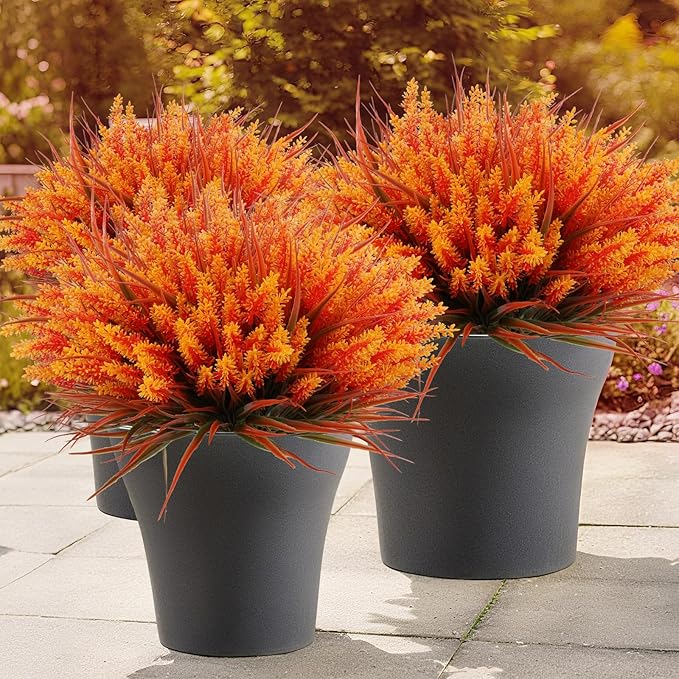 Geegoods 24 Bundles Artificial Fall Flowers Outdoor – Faux Lavender Flowers with Monkey Grass UV Resistant Plastic Faux Plants for Garden Porch Patio Home Decor, Autumn-Orange Color-Ruum Studio Home