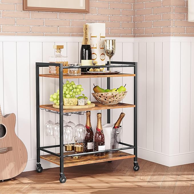 HOOBRO Bar Cart for The Home, Serving Cart with Wine Glass Hooks, Rolling Kitchen Cart with Lockable Wheels, 25.2 x 15.7 x 33.3 Inches Beverage Cart with Storage Shelves, Rustic Brown BF02TC01-Ruum Studio Home