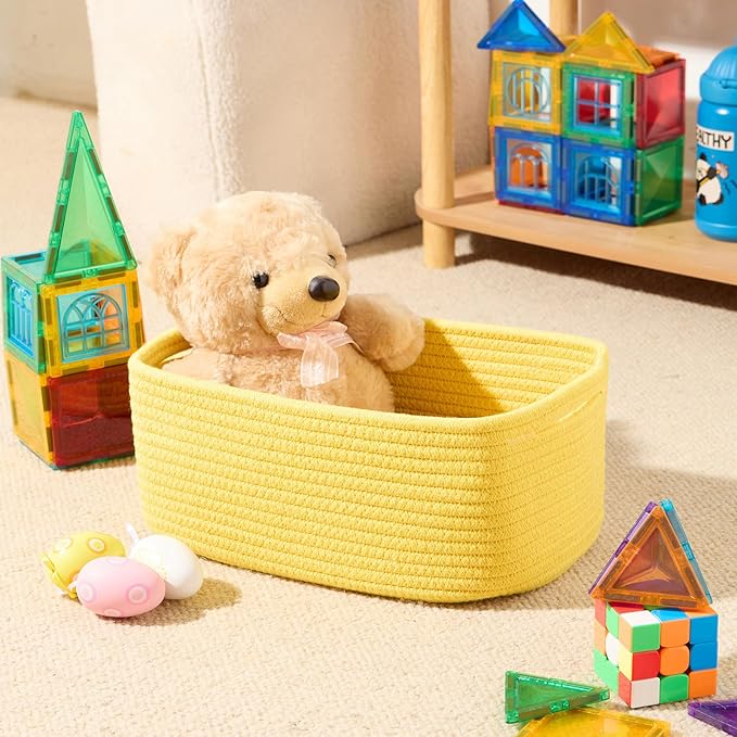 Small Storage Baskets for Organizing | Closet Organizer Bins | Shelf Toy Basket | Woven Rope Baskets | Cube Decorative Box | Shallow Basket | 13x8.5x5.1” | 3 Packs Yellow-Ruum Studio Home